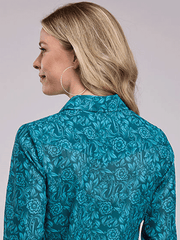Roper 03-050-0590-1007 Womens Tooled Floral Print Shirt Teal back view. If you need any assistance with this item or the purchase of this item please call us at five six one seven four eight eight eight zero one Monday through Saturday 10:00a.m EST to 8:00 p.m EST