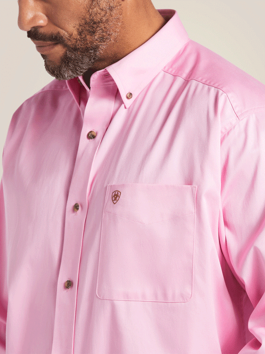 Ariat 10016692 Mens Solid Twill Classic Fit Shirt Prism Pink front close up view. If you need any assistance with this item or the purchase of this item please call us at five six one seven four eight eight eight zero one Monday through Saturday 10:00a.m EST to 8:00 p.m EST