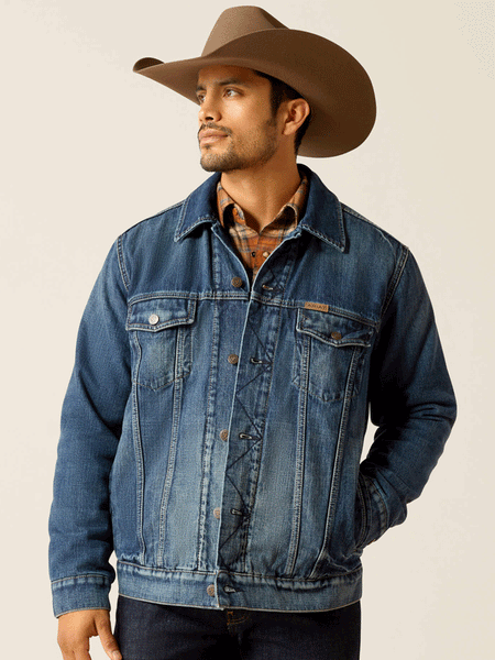 Ariat 10051865 Mens Blanket Lined Trucker Jacket Victor Denim front view closed. If you need any assistance with this item or the purchase of this item please call us at five six one seven four eight eight eight zero one Monday through Saturday 10:00a.m EST to 8:00 p.m EST