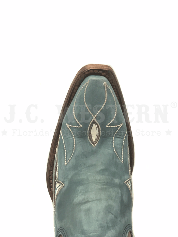 Circle G L5940 Ladies Inlay And Floral Embroidery Ankle Boot Shedron And Light Blue front and side view. If you need any assistance with this item or the purchase of this item please call us at five six one seven four eight eight eight zero one Monday through Saturday 10:00a.m EST to 8:00 p.m EST