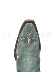 Circle G L5940 Ladies Inlay And Floral Embroidery Ankle Boot Shedron And Light Blue toe view from above. If you need any assistance with this item or the purchase of this item please call us at five six one seven four eight eight eight zero one Monday through Saturday 10:00a.m EST to 8:00 p.m EST