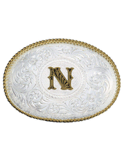 Montana Silversmiths 700 Initial Silver Engraved Gold Trim Western Belt Buckle letter N front view. If you need any assistance with this item or the purchase of this item please call us at five six one seven four eight eight eight zero one Monday through Saturday 10:00a.m EST to 8:00 p.m EST