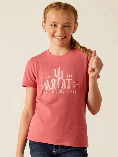 Ariat 10048593 Kids Cactus T-Shirt Slate Rose front view. If you need any assistance with this item or the purchase of this item please call us at five six one seven four eight eight eight zero one Monday through Saturday 10:00a.m EST to 8:00 p.m EST