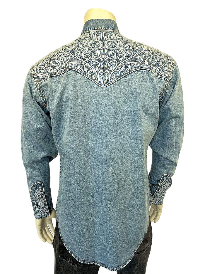 Rockmount 6859-DBLU Men's Vintage Tooling Embroidered Western Shirt Denim Blue front view. If you need any assistance with this item or the purchase of this item please call us at five six one seven four eight eight eight zero one Monday through Saturday 10:00a.m EST to 8:00 p.m EST