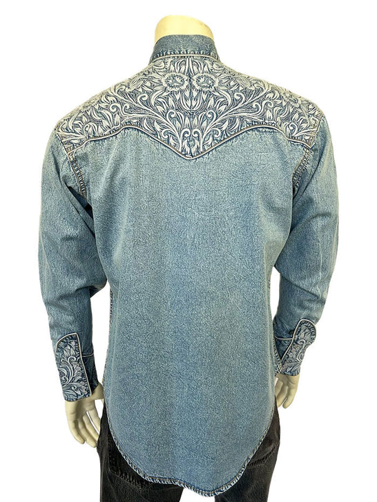 Rockmount 6859-DBLU Men's Vintage Tooling Embroidered Western Shirt Denim Blue back view. If you need any assistance with this item or the purchase of this item please call us at five six one seven four eight eight eight zero one Monday through Saturday 10:00a.m EST to 8:00 p.m EST