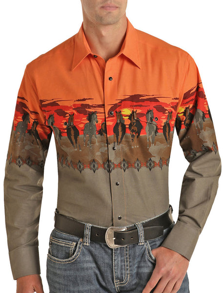 Panhandle PHMSOSR0MV Mens Sunset Print Snap Shirt Charcoal front view. If you need any assistance with this item or the purchase of this item please call us at five six one seven four eight eight eight zero one Monday through Saturday 10:00a.m EST to 8:00 p.m EST