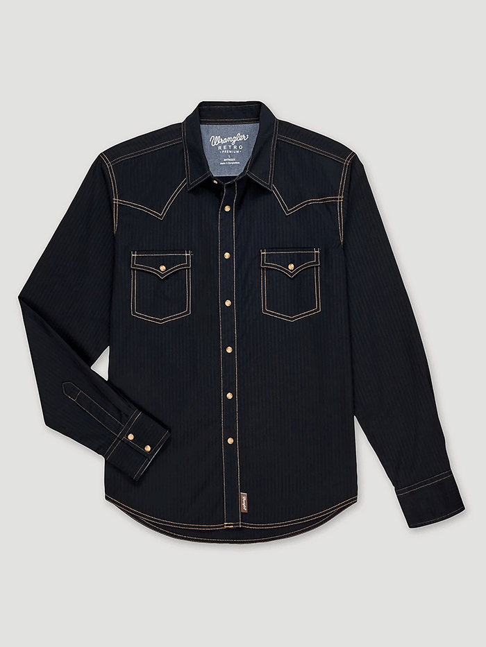 Wrangler MVR532X Mens Retro Western Snap Solid Dobby Shirt Black front view open on model. If you need any assistance with this item or the purchase of this item please call us at five six one seven four eight eight eight zero one Monday through Saturday 10:00a.m EST to 8:00 p.m EST