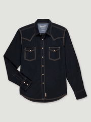 Wrangler MVR532X Mens Retro Western Snap Solid Dobby Shirt Black alternate front view closed. If you need any assistance with this item or the purchase of this item please call us at five six one seven four eight eight eight zero one Monday through Saturday 10:00a.m EST to 8:00 p.m EST