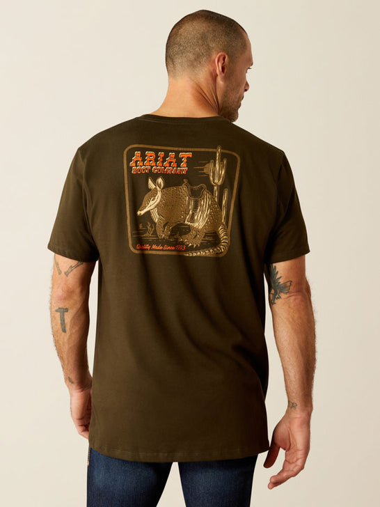 Ariat 10054843 Mens Armadillo on a Half Shell T-Shirt Dark Olive back view. If you need any assistance with this item or the purchase of this item please call us at five six one seven four eight eight eight zero one Monday through Saturday 10:00a.m EST to 8:00 p.m EST