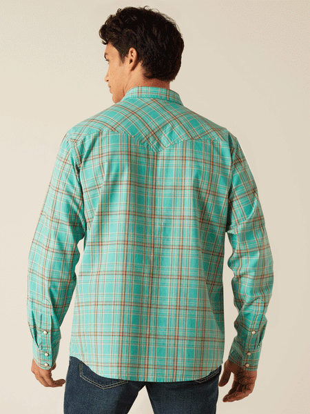 Ariat 10048496 Mens Hudsyn Retro Fit Shirt Blue Turquoise back view. If you need any assistance with this item or the purchase of this item please call us at five six one seven four eight eight eight zero one Monday through Saturday 10:00a.m EST to 8:00 p.m EST