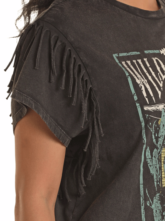 Panhandle LW21T03417 Womens Boxy Fringe Graphic Tee Black sleeve close up view. If you need any assistance with this item or the purchase of this item please call us at five six one seven four eight eight eight zero one Monday through Saturday 10:00a.m EST to 8:00 p.m EST