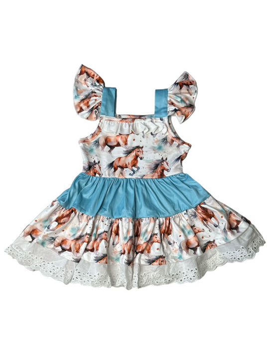 Shea Baby SDR53 Infants Running Horse Ruffle Dress Light Blue front view. If you need any assistance with this item or the purchase of this item please call us at five six one seven four eight eight eight zero one Monday through Saturday 10:00a.m EST to 8:00 p.m EST