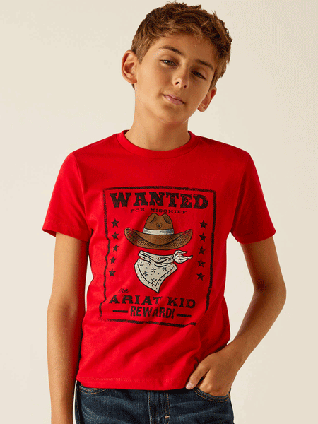 Ariat 10051429 Kids Wanted For Mischief T-Shirt Red front view. If you need any assistance with this item or the purchase of this item please call us at five six one seven four eight eight eight zero one Monday through Saturday 10:00a.m EST to 8:00 p.m EST