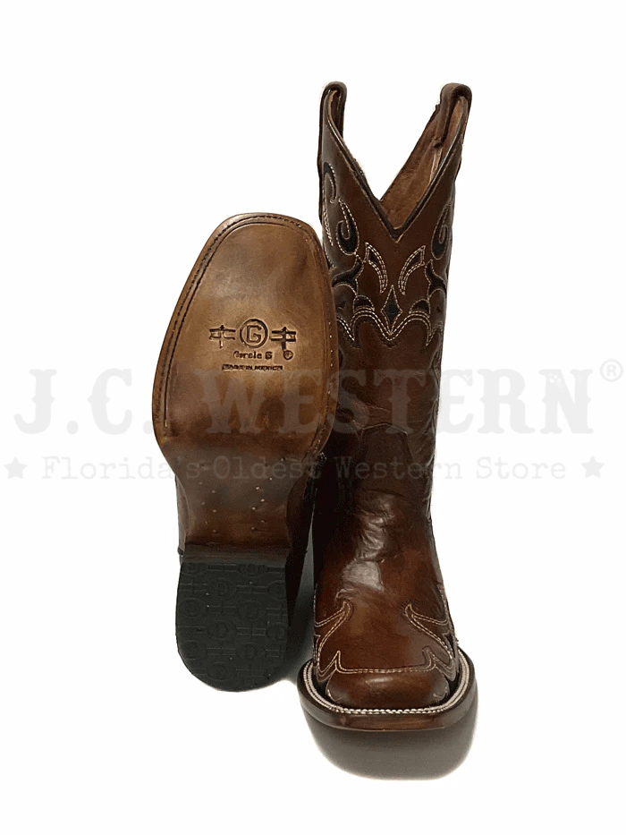 Circle G L5557 Ladies Embroidery Square Toe Boot Brown front and side view.If you need any assistance with this item or the purchase of this item please call us at five six one seven four eight eight eight zero one Monday through Saturday 10:00a.m EST to 8:00 p.m EST