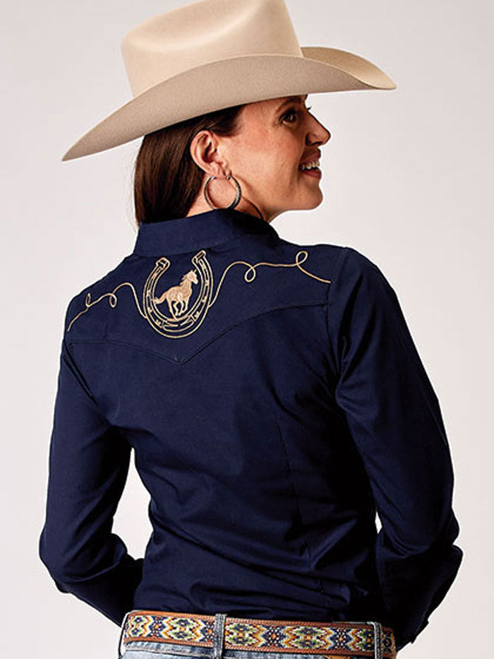 Roper 01-050-0017-0370 Womens Long Sleeve Western Shirt Navy front view. If you need any assistance with this item or the purchase of this item please call us at five six one seven four eight eight eight zero one Monday through Saturday 10:00a.m EST to 8:00 p.m EST
