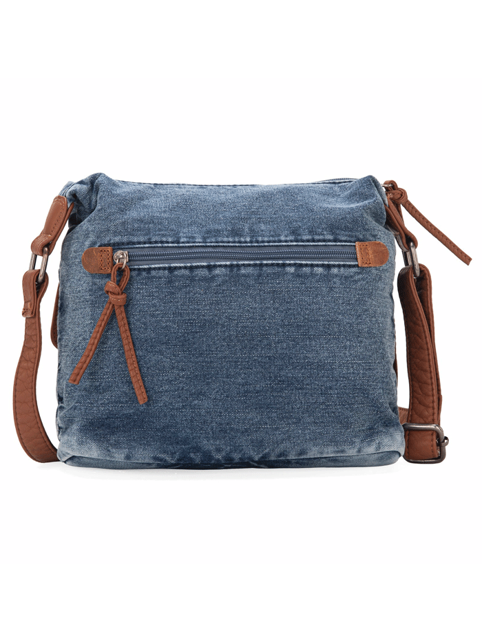 Wrangler WG103-2009JN Womens Floral Tooled Jean Crossbody Bag Denim front. If you need any assistance with this item or the purchase of this item please call us at five six one seven four eight eight eight zero one Monday through Saturday 10:00a.m EST to 8:00 p.m EST

