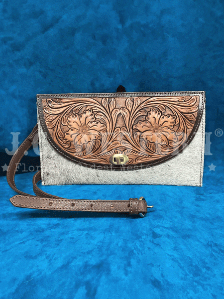 Western Fashion SVK-961 Oil Calf Hand Tooled Hair On Handbag Tan front view. If you need any assistance with this item or the purchase of this item please call us at five six one seven four eight eight eight zero one Monday through Saturday 10:00a.m EST to 8:00 p.m EST