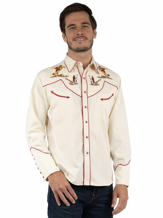 Scully P-928 Mens Cattle Roper Embroidered Western Shirt Cream front view. If you need any assistance with this item or the purchase of this item please call us at five six one seven four eight eight eight zero one Monday through Saturday 10:00a.m EST to 8:00 p.m EST