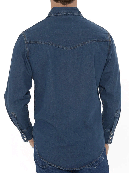 Ely Cattleman 115202950RG-75 Mens Long Sleeve Western Snap Shirt Denim back view untucked. If you need any assistance with this item or the purchase of this item please call us at five six one seven four eight eight eight zero one Monday through Saturday 10:00a.m EST to 8:00 p.m EST