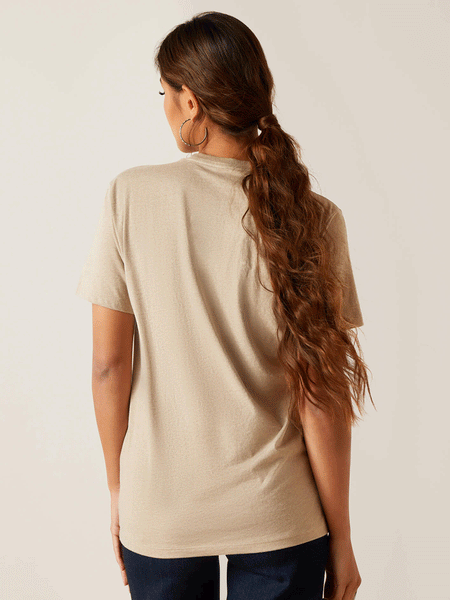 Ariat 10047841 Unisex Sendero King Cow T-Shirt Oatmeal Heather back view on female model. If you need any assistance with this item or the purchase of this item please call us at five six one seven four eight eight eight zero one Monday through Saturday 10:00a.m EST to 8:00 p.m EST