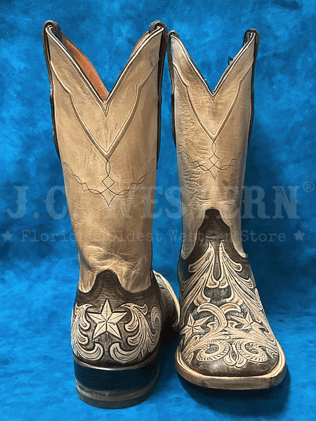 Black Jack HT-264-96 Mens Handtooled Stars Square Toe Boot Vintaged Chocolate Natural front and back view. If you need any assistance with this item or the purchase of this item please call us at five six one seven four eight eight eight zero one Monday through Saturday 10:00a.m EST to 8:00 p.m EST