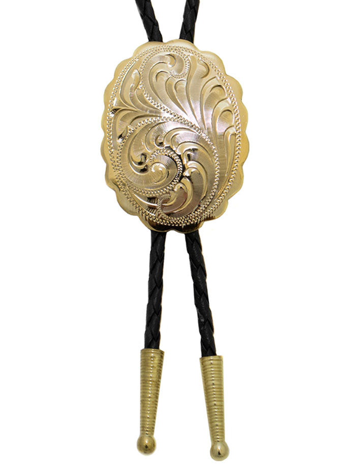 Western Express BT-529 Engraved Scalloped Oval German Silver Bolo Tie Gold front view close up. If you need any assistance with this item or the purchase of this item please call us at five six one seven four eight eight eight zero one Monday through Saturday 10:00a.m EST to 8:00 p.m EST