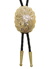 Western Express BT-529 Engraved Scalloped Oval German Silver Bolo Tie Gold front view. If you need any assistance with this item or the purchase of this item please call us at five six one seven four eight eight eight zero one Monday through Saturday 10:00a.m EST to 8:00 p.m EST