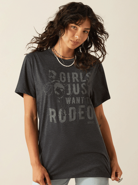 Ariat 10058879 Womens Rodeo Girls T-Shirt Charcoal Heather front view. If you need any assistance with this item or the purchase of this item please call us at five six one seven four eight eight eight zero one Monday through Saturday 10:00a.m EST to 8:00 p.m EST