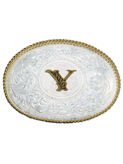 Montana Silversmiths 700 Initial Silver Engraved Gold Trim Western Belt Buckle letter Y front view. If you need any assistance with this item or the purchase of this item please call us at five six one seven four eight eight eight zero one Monday through Saturday 10:00a.m EST to 8:00 p.m EST
