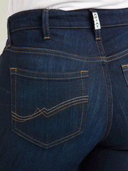 Ariat 10036813 Womens REAL High Rise Ballary Boot Cut Jean Pennsylvania Navy back pocket close up view. If you need any assistance with this item or the purchase of this item please call us at five six one seven four eight eight eight zero one Monday through Saturday 10:00a.m EST to 8:00 p.m EST