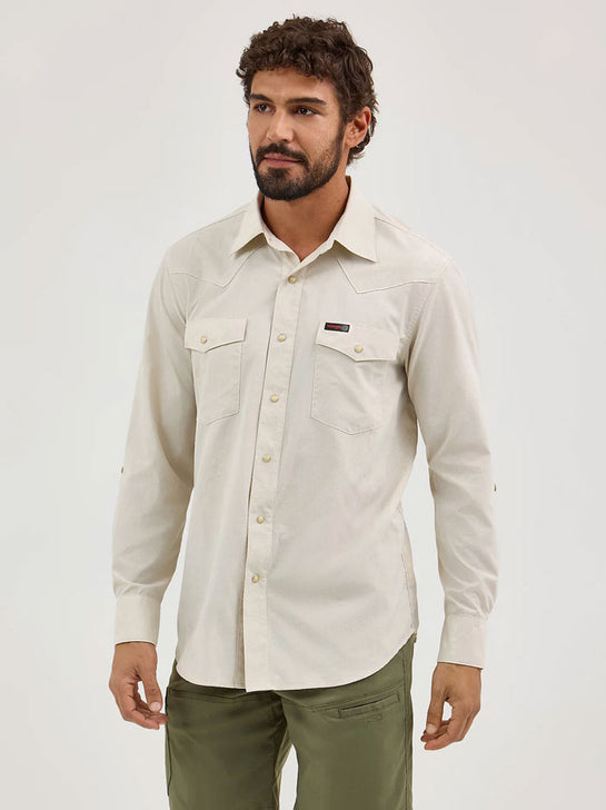 Wrangler 112360557 Mens ATG™ Drover Utility Shirt Pelican Beige front view. If you need any assistance with this item or the purchase of this item please call us at five six one seven four eight eight eight zero one Monday through Saturday 10:00a.m EST to 8:00 p.m EST 