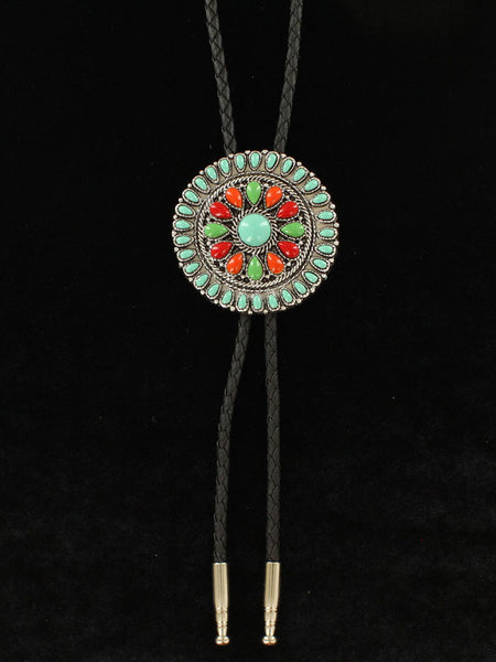 Double S 22106 Sunburst Round Concho Bolo Tie Multicolor front view. If you need any assistance with this item or the purchase of this item please call us at five six one seven four eight eight eight zero one Monday through Saturday 10:00a.m EST to 8:00 p.m EST