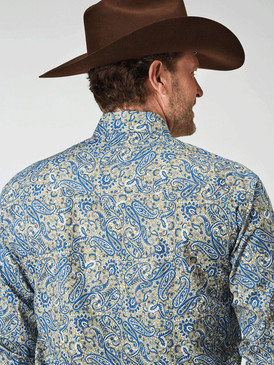 Roper 03-001-0225-2025 Mens All Over Delft Paisley Print Snap Shirt Blue back view. If you need any assistance with this item or the purchase of this item please call us at five six one seven four eight eight eight zero one Monday through Saturday 10:00a.m EST to 8:00 p.m EST