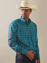 Ariat 10043853 Mens Team Solomon Classic Fit Shirt Blue Teal front view. If you need any assistance with this item or the purchase of this item please call us at five six one seven four eight eight eight zero one Monday through Saturday 10:00a.m EST to 8:00 p.m EST