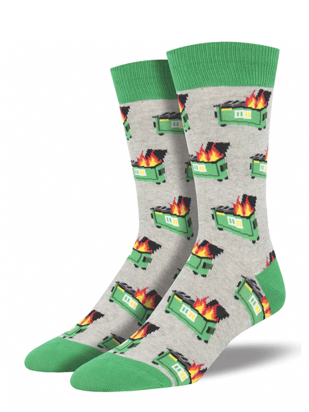 Socksmith MNC1838-HEG Mens Dumpster Fire Socks Heather Grey front and side view of pair. If you need any assistance with this item or the purchase of this item please call us at five six one seven four eight eight eight zero one Monday through Saturday 10:00a.m EST to 8:00 p.m EST