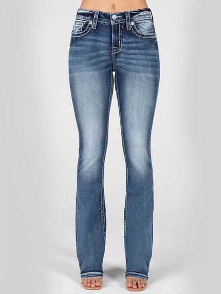 Miss Me M9236SB Womens Mid Rise Bootcut Jeans Medium Blue front view. If you need any assistance with this item or the purchase of this item please call us at five six one seven four eight eight eight zero one Monday through Saturday 10:00a.m EST to 8:00 p.m EST