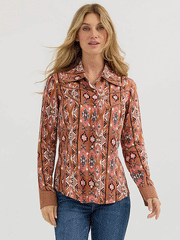 Wrangler 112360599 Womens X Lainey Wilson Chestnut Checotah Western Shirt Brown front view. If you need any assistance with this item or the purchase of this item please call us at five six one seven four eight eight eight zero one Monday through Saturday 10:00a.m EST to 8:00 p.m EST