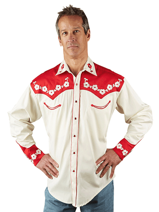 Rockmount 67-ELV Mens Elvis Loving You Floral Embroidered Western Shirt White And Red front. If you need any assistance with this item or the purchase of this item please call us at five six one seven four eight eight eight zero one Monday through Saturday 10:00a.m EST to 8:00 p.m EST