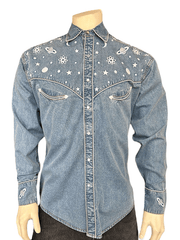 Rockmount 6814-DEN Mens Out of This World Embroidered Denim Western Shirt Light Blue front view. If you need any assistance with this item or the purchase of this item please call us at five six one seven four eight eight eight zero one Monday through Saturday 10:00a.m EST to 8:00 p.m EST

