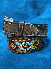 3D D100013402 Mens Buck Lacing Beaded Inlay Belt Brown left side view. If you need any assistance with this item or the purchase of this item please call us at five six one seven four eight eight eight zero one Monday through Saturday 10:00a.m EST to 8:00 p.m EST