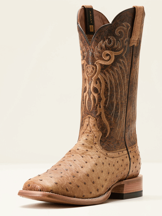 Ariat 10053580 Mens Rio Full Quill Ostrich Cowboy Boot Honey Tan front. If you need any assistance with this item or the purchase of this item please call us at five six one seven four eight eight eight zero one Monday through Saturday 10:00a.m EST to 8:00 p.m EST and side