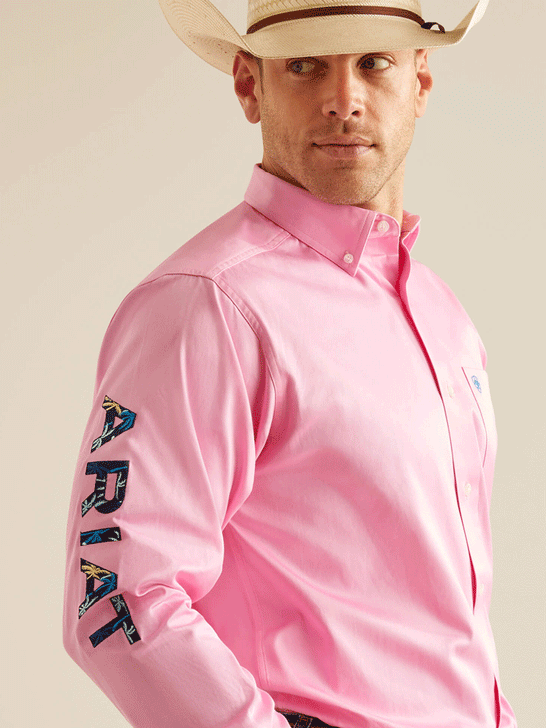Ariat 10051336 Mens Team Logo Twill Classic Fit Shirt Pink side view. If you need any assistance with this item or the purchase of this item please call us at five six one seven four eight eight eight zero one Monday through Saturday 10:00a.m EST to 8:00 p.m EST