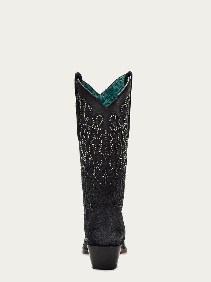 Corral C4100 Ladies Embroidery And Crystals Overlay Boot Black side / front. If you need any assistance with this item or the purchase of this item please call us at five six one seven four eight eight eight zero one Monday through Saturday 10:00a.m EST to 8:00 p.m EST