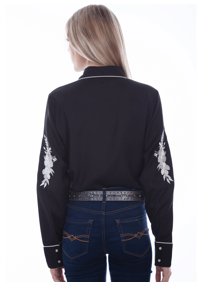 Scully PL-897-BLK Womens Floral Embroidered Lightweight Blouse Black front view. If you need any assistance with this item or the purchase of this item please call us at five six one seven four eight eight eight zero one Monday through Saturday 10:00a.m EST to 8:00 p.m EST