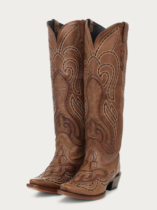 Corral Z5236 Ladies Embroidery Tall Top Snip Toe Boot Honey side / front view pair. If you need any assistance with this item or the purchase of this item please call us at five six one seven four eight eight eight zero one Monday through Saturday 10:00a.m EST to 8:00 p.m EST