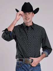 Tin Haul 10-001-0064-0621 Mens Long Sleeve Allover Aztec Print Shirt Black front view. If you need any assistance with this item or the purchase of this item please call us at five six one seven four eight eight eight zero one Monday through Saturday 10:00a.m EST to 8:00 p.m EST