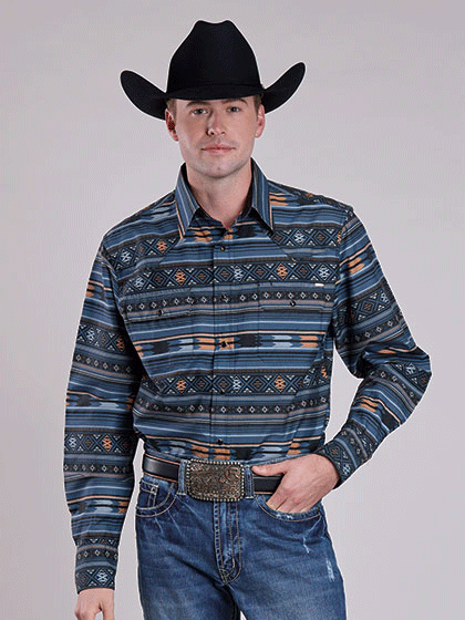 Tin Haul 10-001-0067-0620 Mens Long Sleeve Horizontal Aztec Print Shirt Blue front view. If you need any assistance with this item or the purchase of this item please call us at five six one seven four eight eight eight zero one Monday through Saturday 10:00a.m EST to 8:00 p.m EST