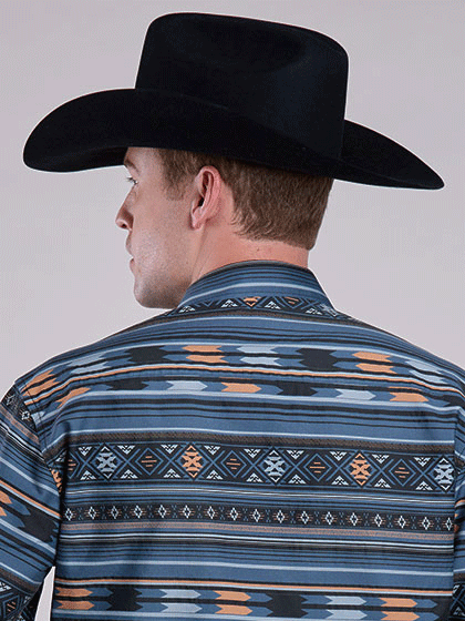 Tin Haul 10-001-0067-0620 Mens Long Sleeve Horizontal Aztec Print Shirt Blue back view. If you need any assistance with this item or the purchase of this item please call us at five six one seven four eight eight eight zero one Monday through Saturday 10:00a.m EST to 8:00 p.m EST