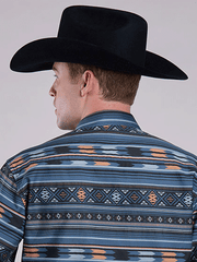 Tin Haul 10-001-0067-0620 Mens Long Sleeve Horizontal Aztec Print Shirt Blue back view. If you need any assistance with this item or the purchase of this item please call us at five six one seven four eight eight eight zero one Monday through Saturday 10:00a.m EST to 8:00 p.m EST