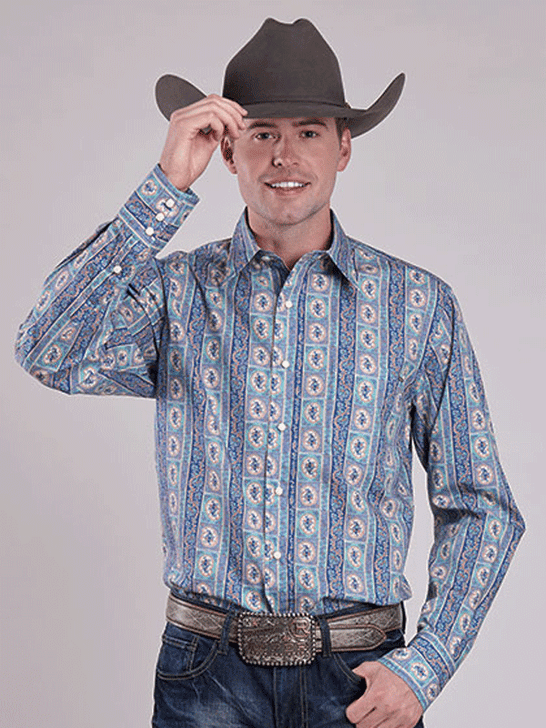 Tin Haul 10-001-0068-0622 Mens Long Sleeve Vertical Aztec Print Shirt Blue front view. If you need any assistance with this item or the purchase of this item please call us at five six one seven four eight eight eight zero one Monday through Saturday 10:00a.m EST to 8:00 p.m EST
